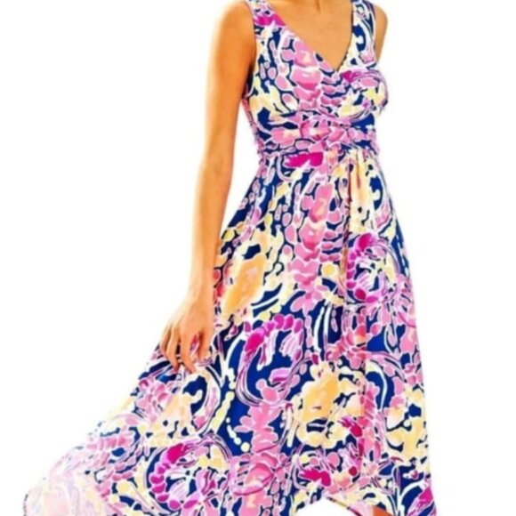 LILLY PULITZER SLOANE MIDI DRESS BRILLIANT BLUE CATCH AND RELEASE M MEDIUM - Picture 1 of 6